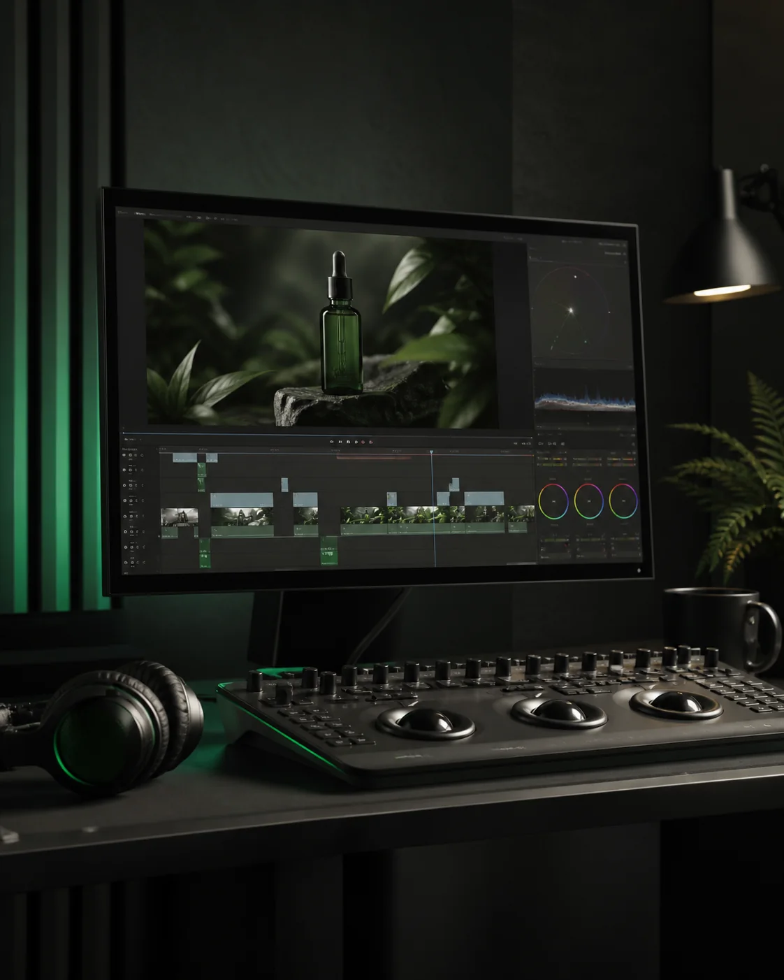 Professional video editing workspace displaying product footage and an editing timeline